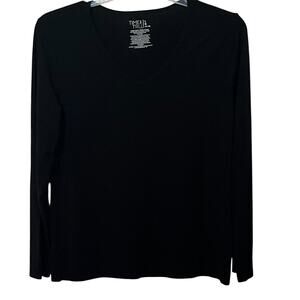 TIME & TRU LONG SLV PULL-OVER V-NECK TOP/T-SHIRT, WOMENS, L(12-14), SOLID BLACK